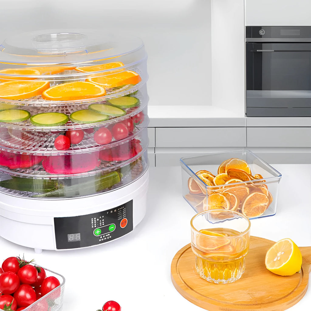 Household fruit dehydrator food dryer with multiple shelf layers and UK plug