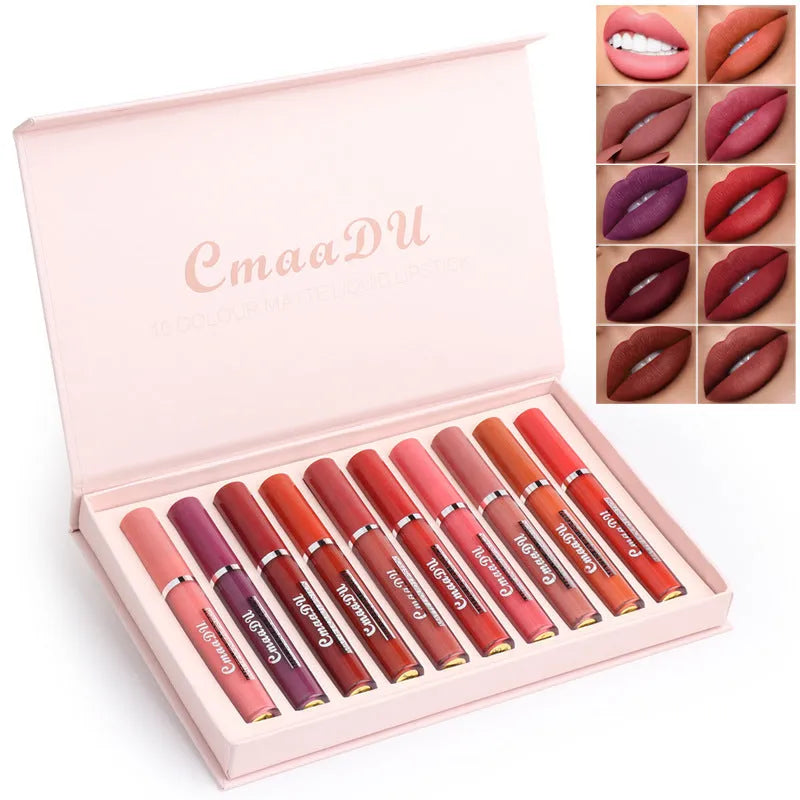 Set of 10 waterproof matte lipsticks in photo colour with 3g per stick and 36-month shelf life