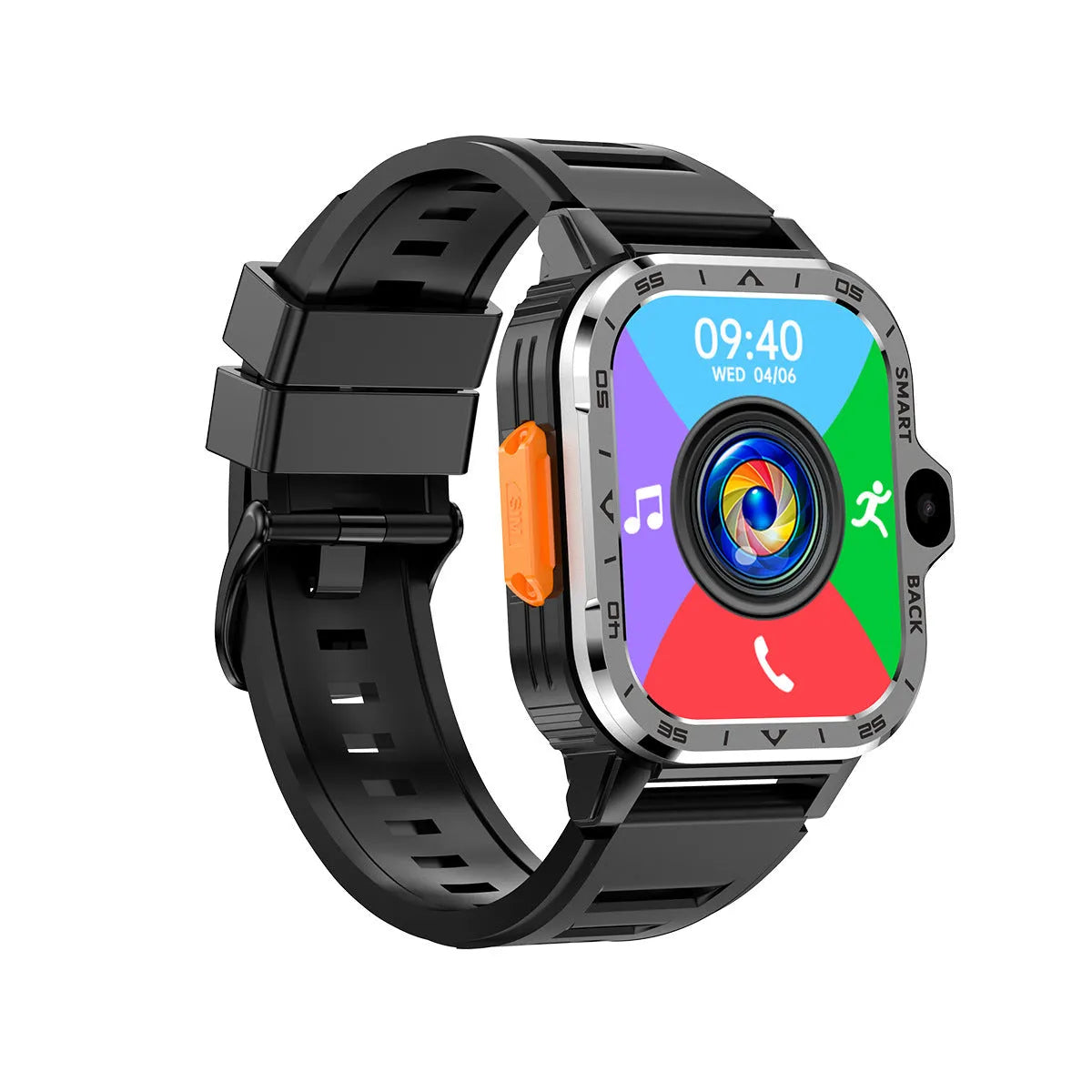 Black and silver student smart watch with touch screen for Android, showing heart rate and calling functions.