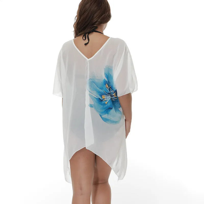 White plus size loose beach cover-up blouse for swimming sun protection.