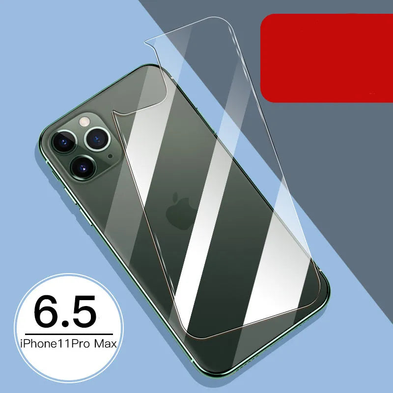 iPhone 11 Pro Max tempered glass screen protector with rear film showing 10D explosion-proof edges.