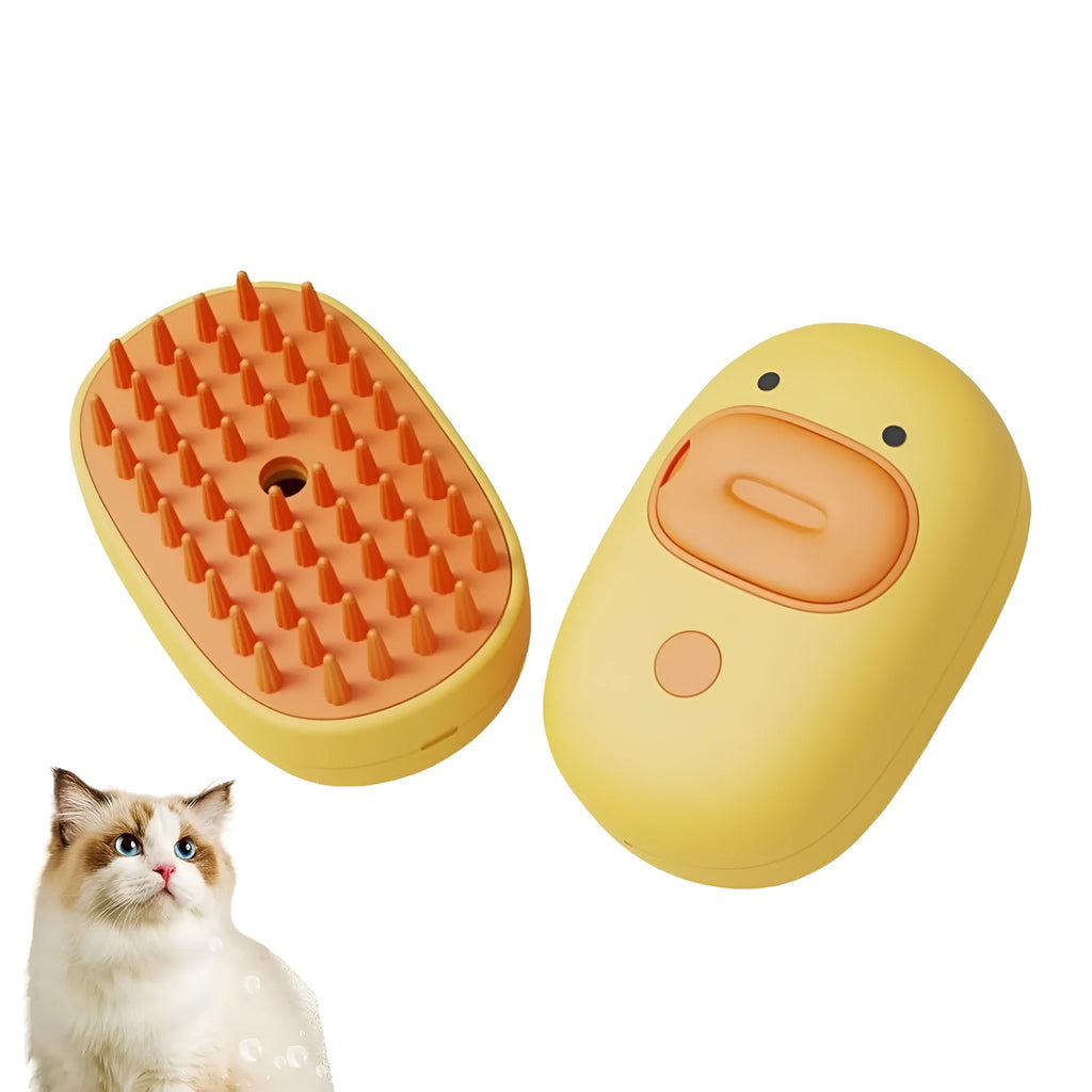 White or yellow rechargeable steam pet brush for dogs and cats on a plain background