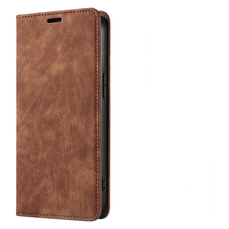 Magnetic flip phone case in grey colour made of TPU and leather for iPhone.