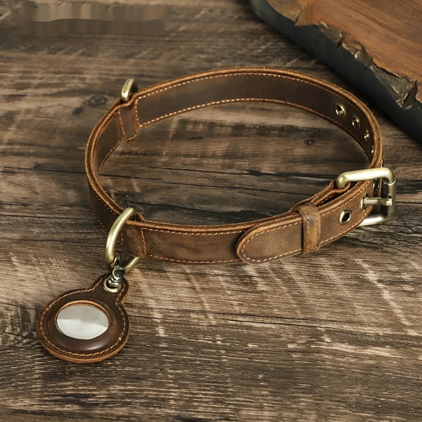Brown handmade genuine leather dog collar with retro styling and halter positioning clasp