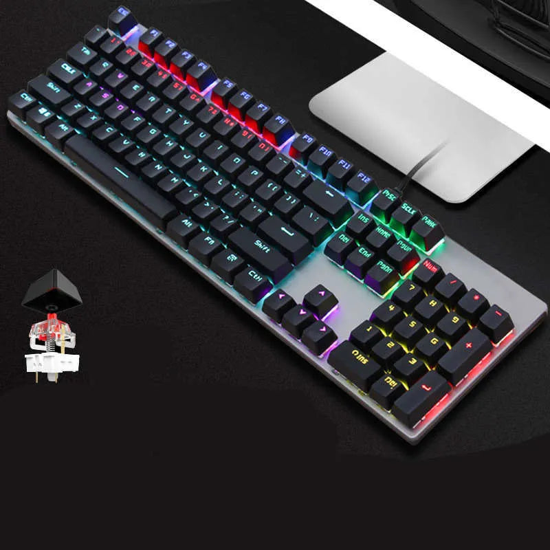 AOC GK410 mechanical keyboard with green switches, metal case, and red backlit keys.