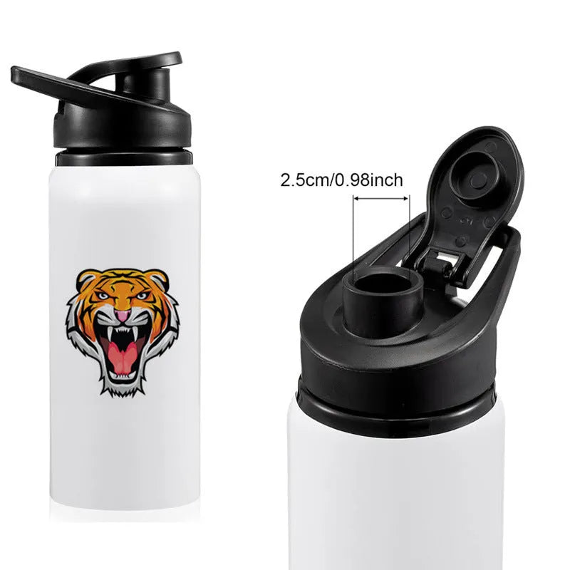 White aluminium sports water bottle with leak-proof lid, shown in 600ml and 750ml capacities for cycling and running.