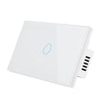 White 2-gang RF smart touch light switch with tempered glass panel and LED indicators