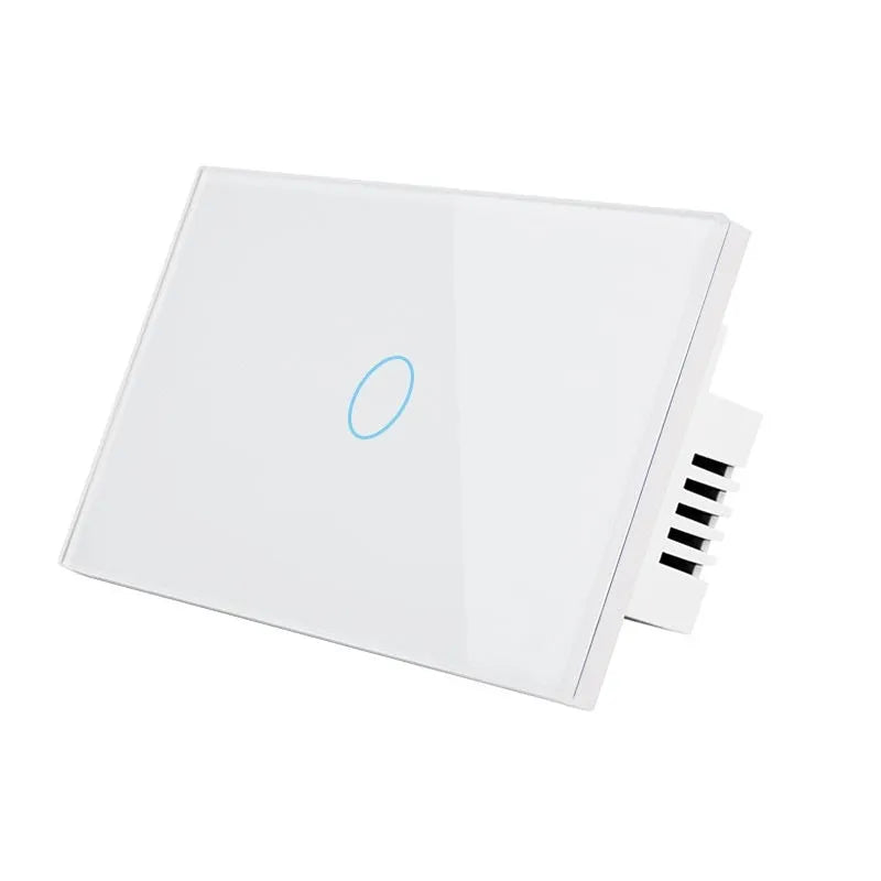 White 2-gang RF smart touch light switch with tempered glass panel and LED indicators