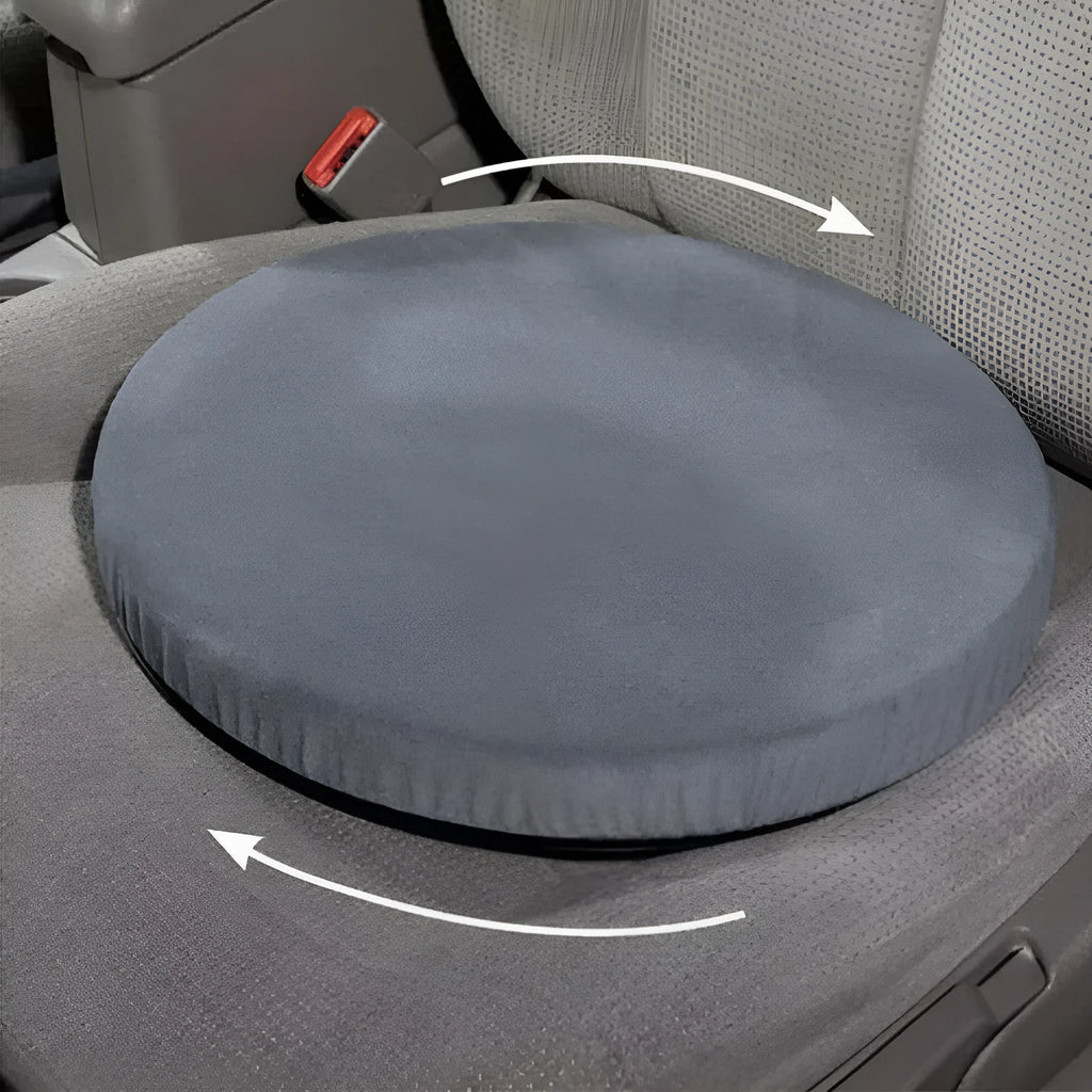 360-degree rotating car seat cushion with non-slip base and plush fabric cover.