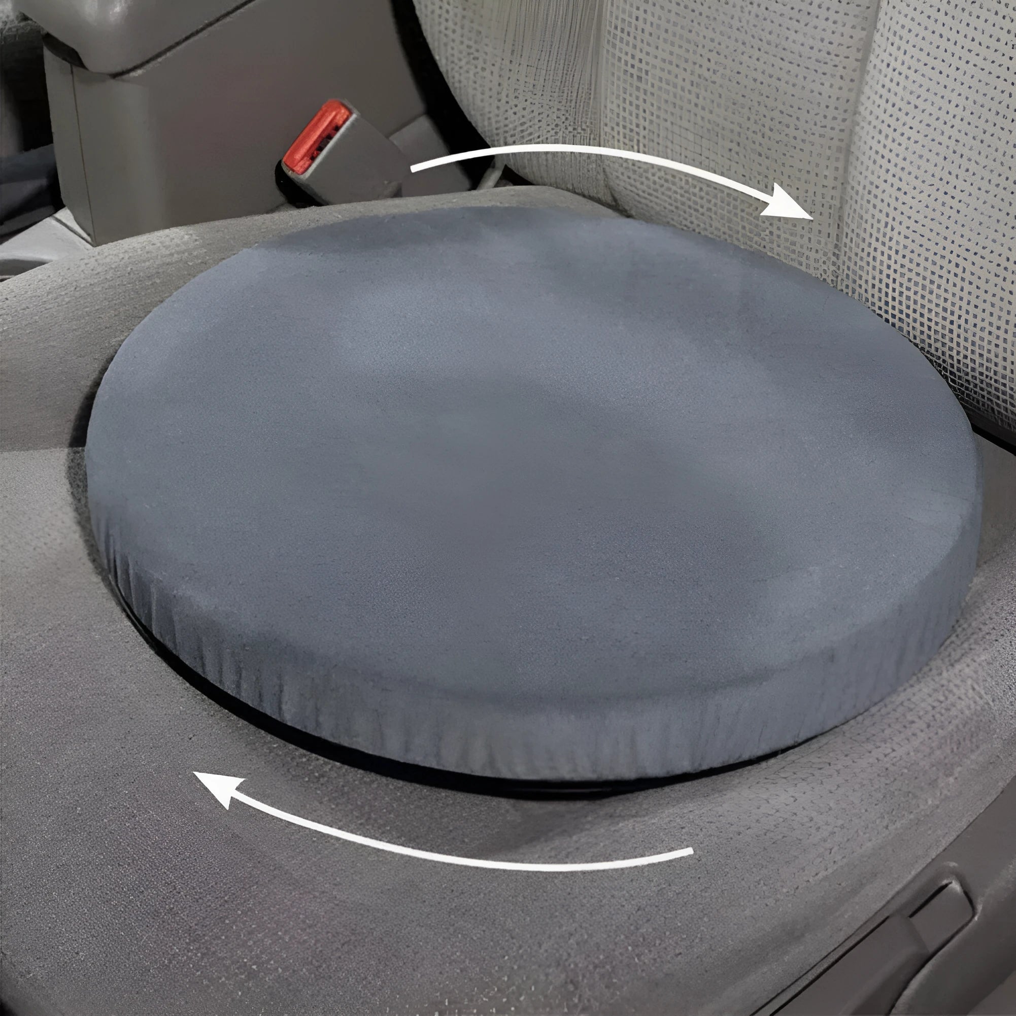 360-degree rotating car seat cushion with non-slip base and plush fabric cover.
