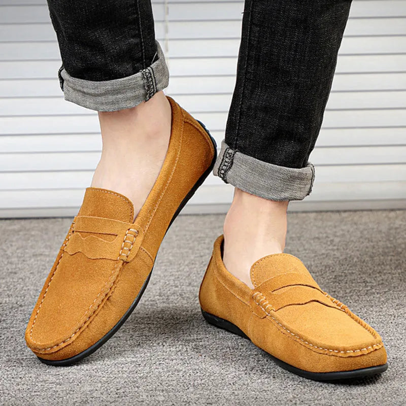 Men's suede leather loafers in solid colour with round toe and flat heel design