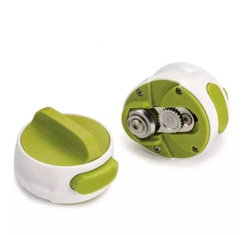 Green stainless steel lid opener kitchen gadget showing dimensions and screw mechanism