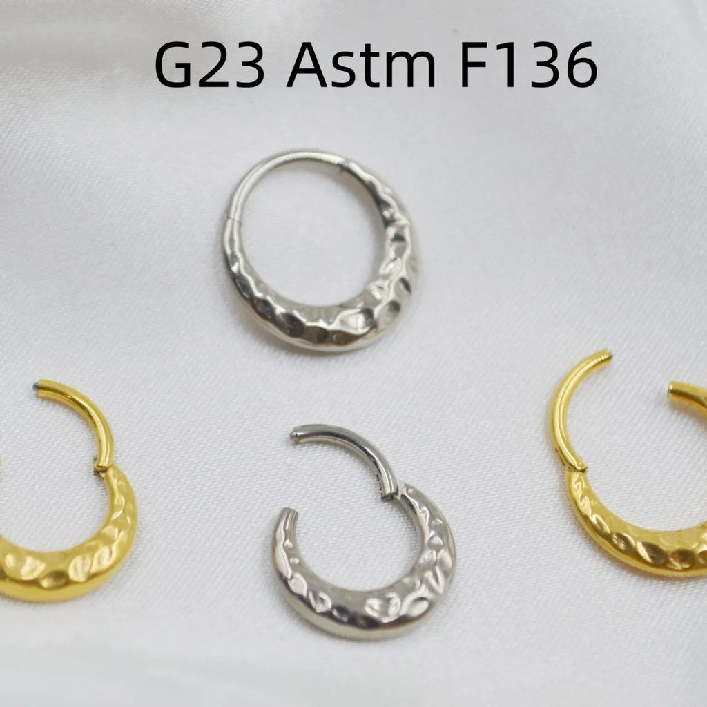 ASTM F136 titanium alloy nose ring with concave-convex carved design in gold and silver colour options