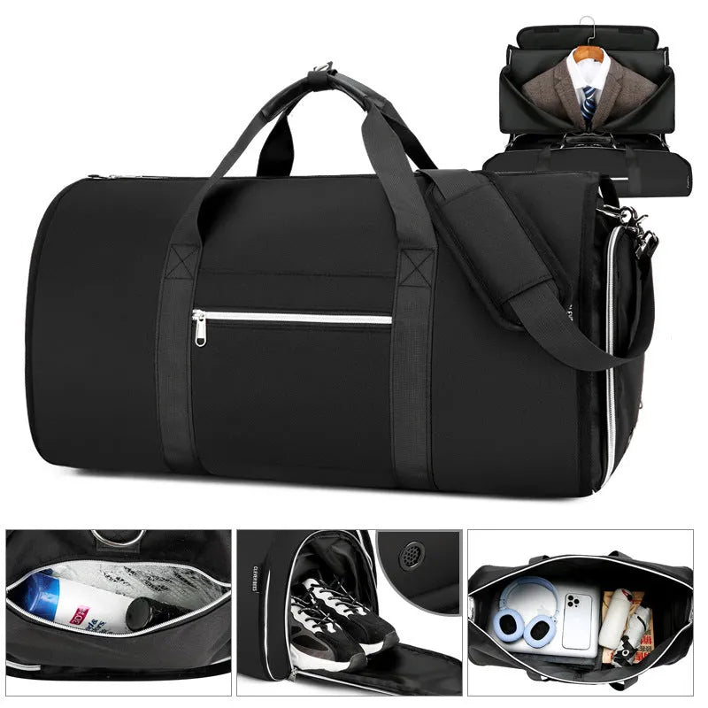 Oxford cloth multipurpose sports bag in grey, showing dry wet separation compartments and expansion feature.