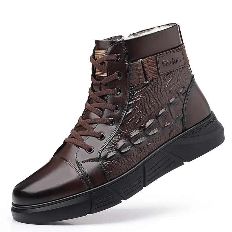 Men's black snow boots with fur trim, genuine leather upper, and rubber soles with lace-up closure