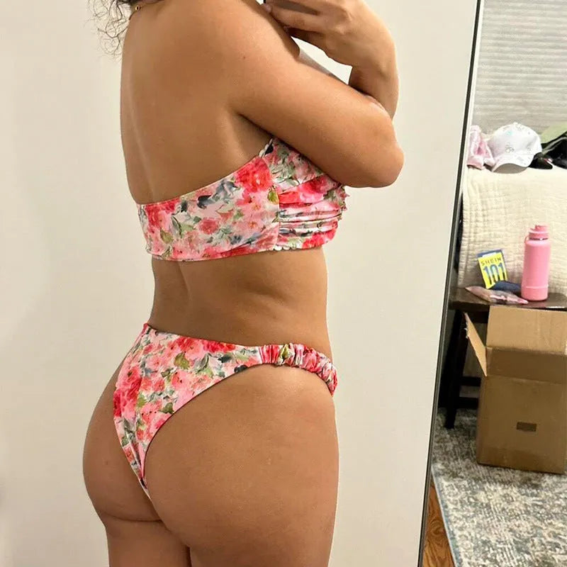 Floral printed tube top bikini set with lace trim in blue, pink, yellow colours