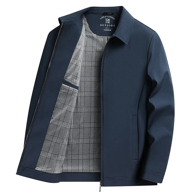 Men's solid colour casual jacket with polo collar and side seam pockets in loose fit