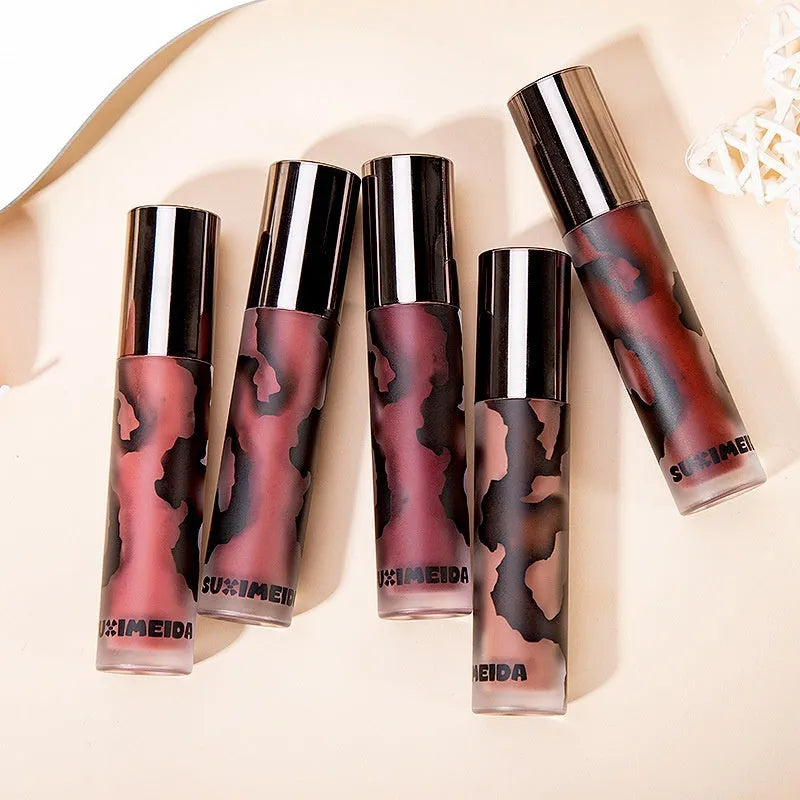 Lava Secret Matte Lip Mud Lipstick in five colours showing orange brown coffee, cool gray, cinnamon coffee, jujube red and smoked purple shades