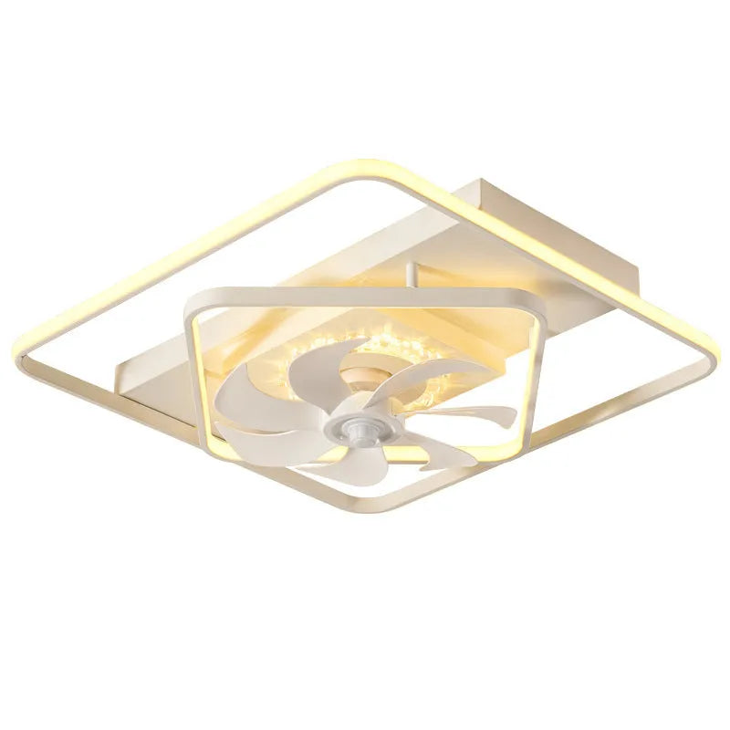 Modern white ceiling fan with light fixture, showing plastic blades and acrylic lampshade