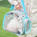 Transparent hard-shell space capsule backpack for a cat, shown in a choice of colours.