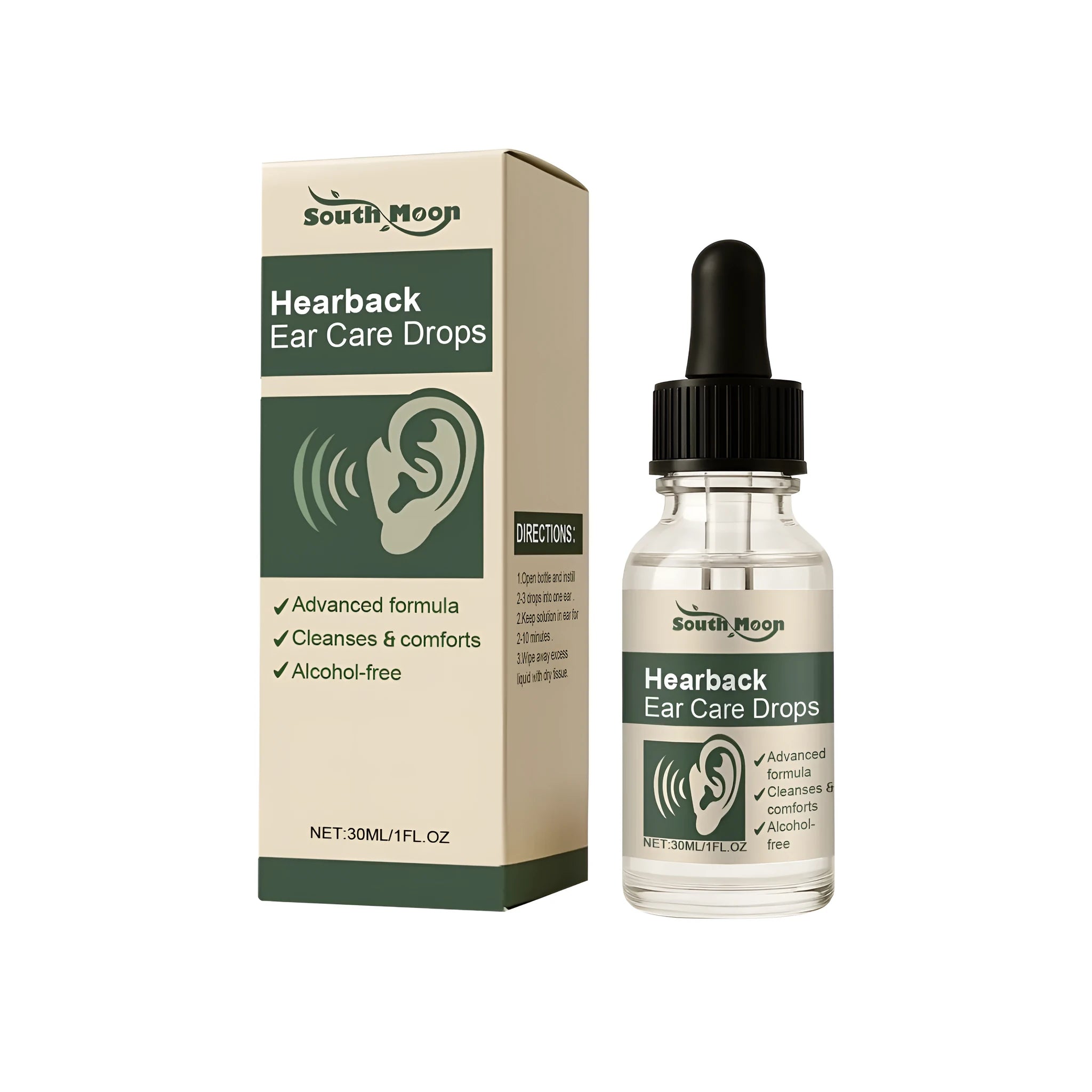 30ml bottle of ear care drops with botanical extract formula for ear hygiene.