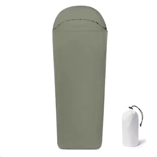 Blue and green lightweight nylon mummy-style camping sleeping bag for adults.