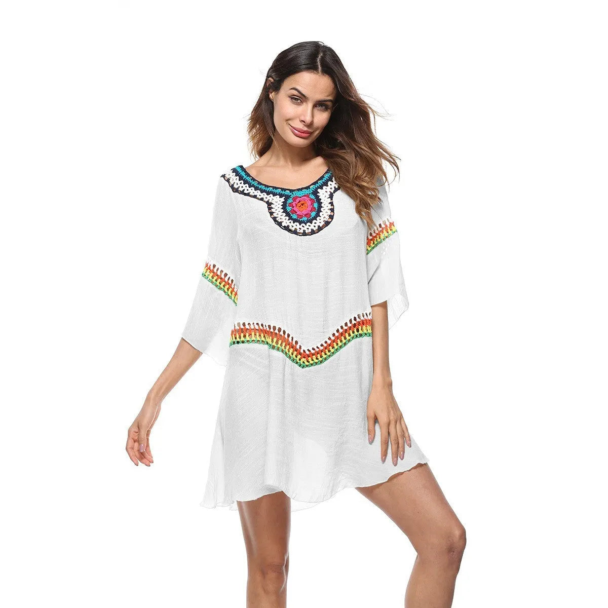 Women's crocheted ethnic style beach clothing set for swimming, shown in apricot colour.