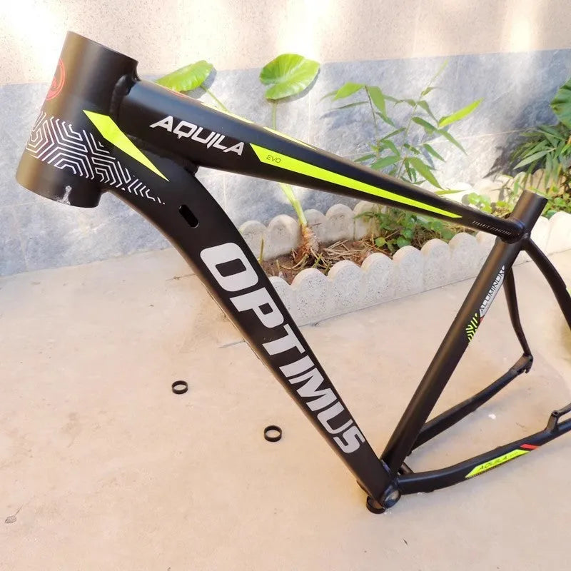 Black green aluminium alloy mountain bike frame for 29-inch wheels with internal cable routing