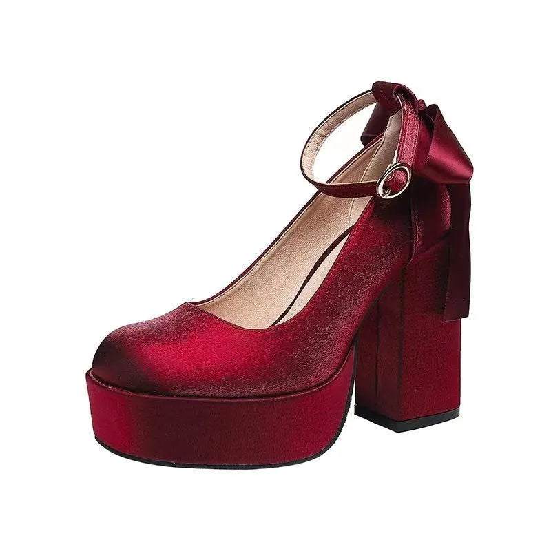 Women's waterproof platform wedding shoes with thick chunky heel in wine red colour with buckle detail