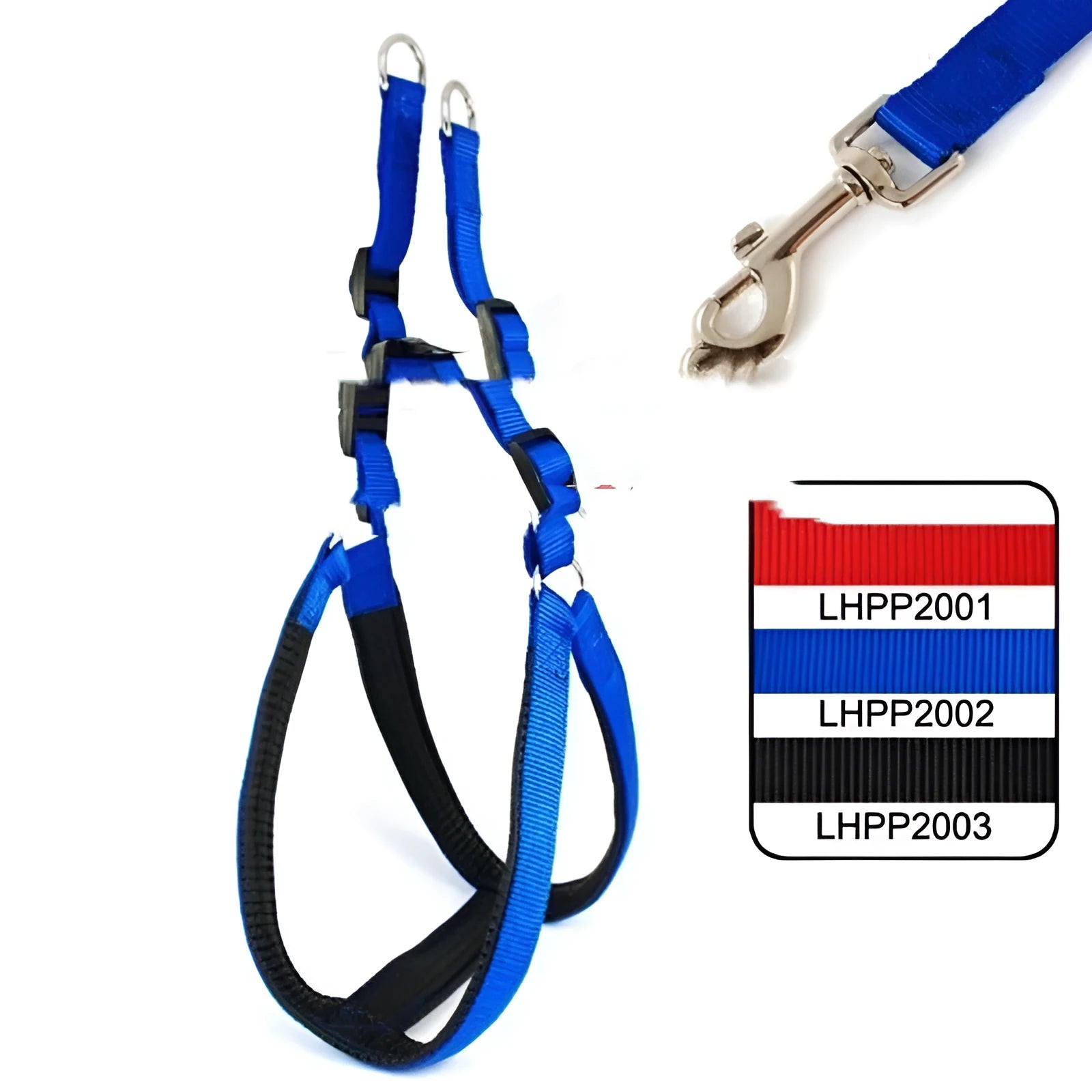 Nylon pet harness with soft foam lining in black, blue and red colours showing leash attachment ring