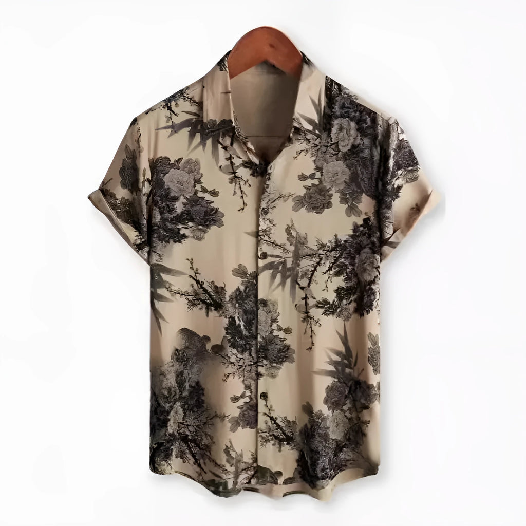 Hawaiian floral print lapel short sleeve shirt in cardigan style.
