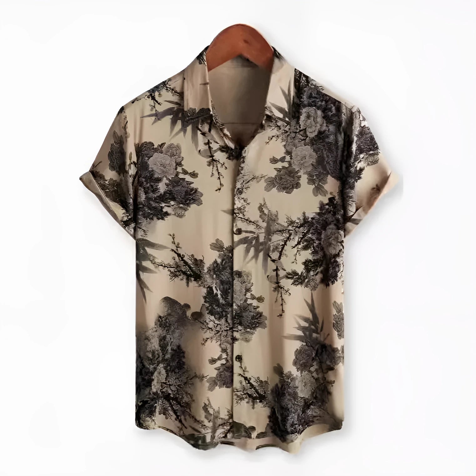 Hawaiian floral print lapel short sleeve shirt in cardigan style.