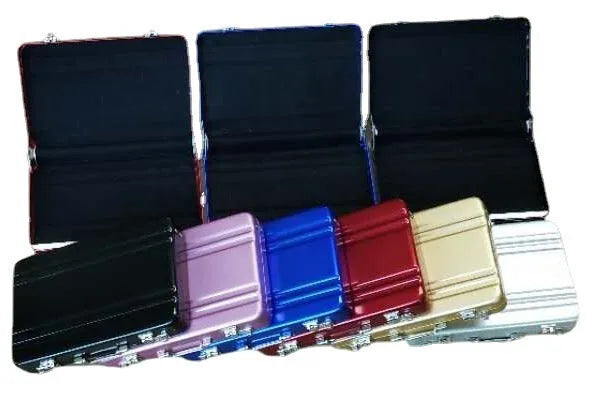 Red aluminium alloy metal card holder showing its slim 16mm profile and card slots.