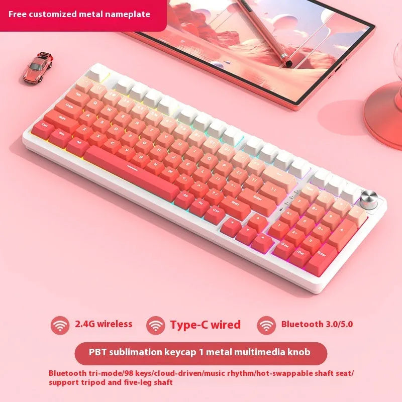 98-key wireless Bluetooth mechanical keyboard kit with metal knob on desk