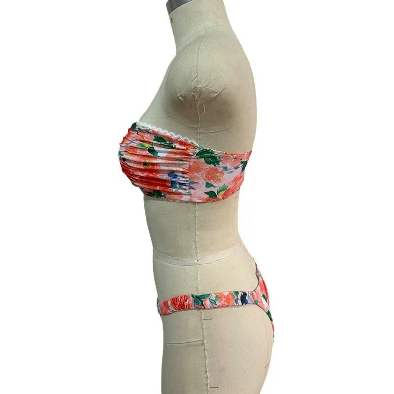 Floral printed tube top bikini set with lace trim in blue, pink, yellow colours