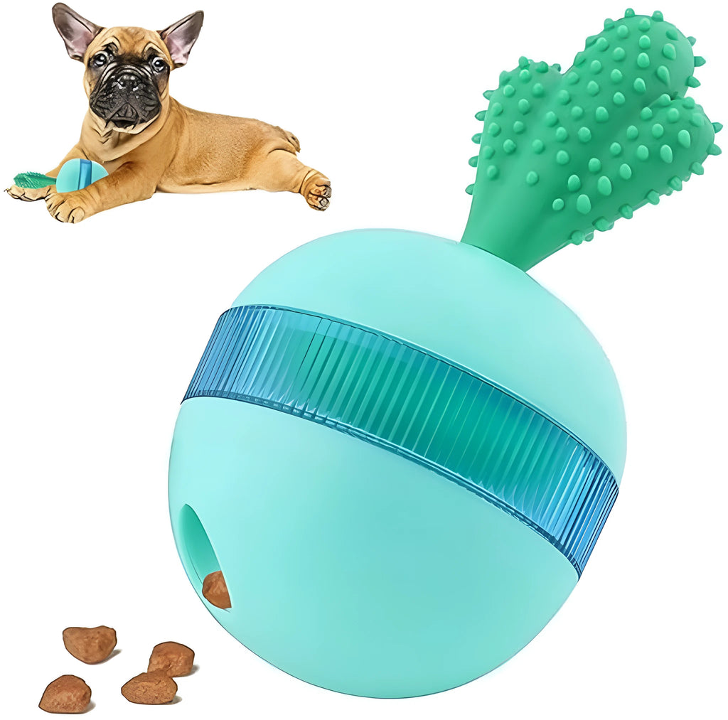 Blue durable rubber dog toy with treat dispensing holes and tumbler design