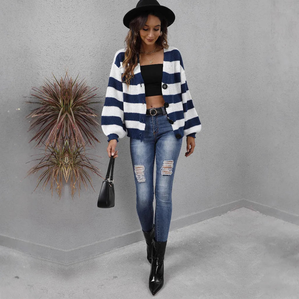 Women's striped cardigan sweater in deer plush polyester with button front in blue, black, brown, or dark green.