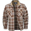 Men's plaid flannel button shirt in polyester fabric showing colour options including green, navy, and orange patterns