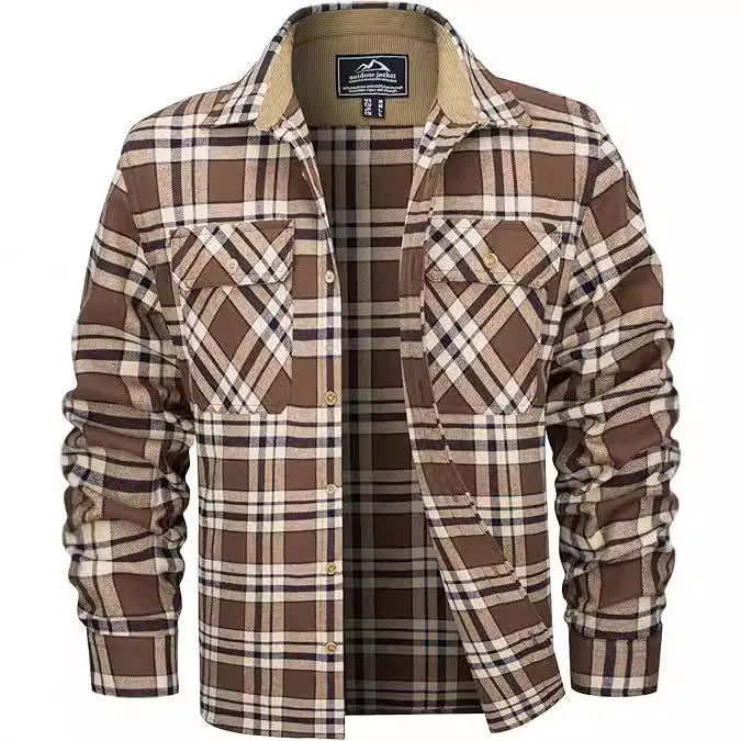 Men's plaid flannel button shirt in polyester fabric showing colour options including green, navy, and orange patterns
