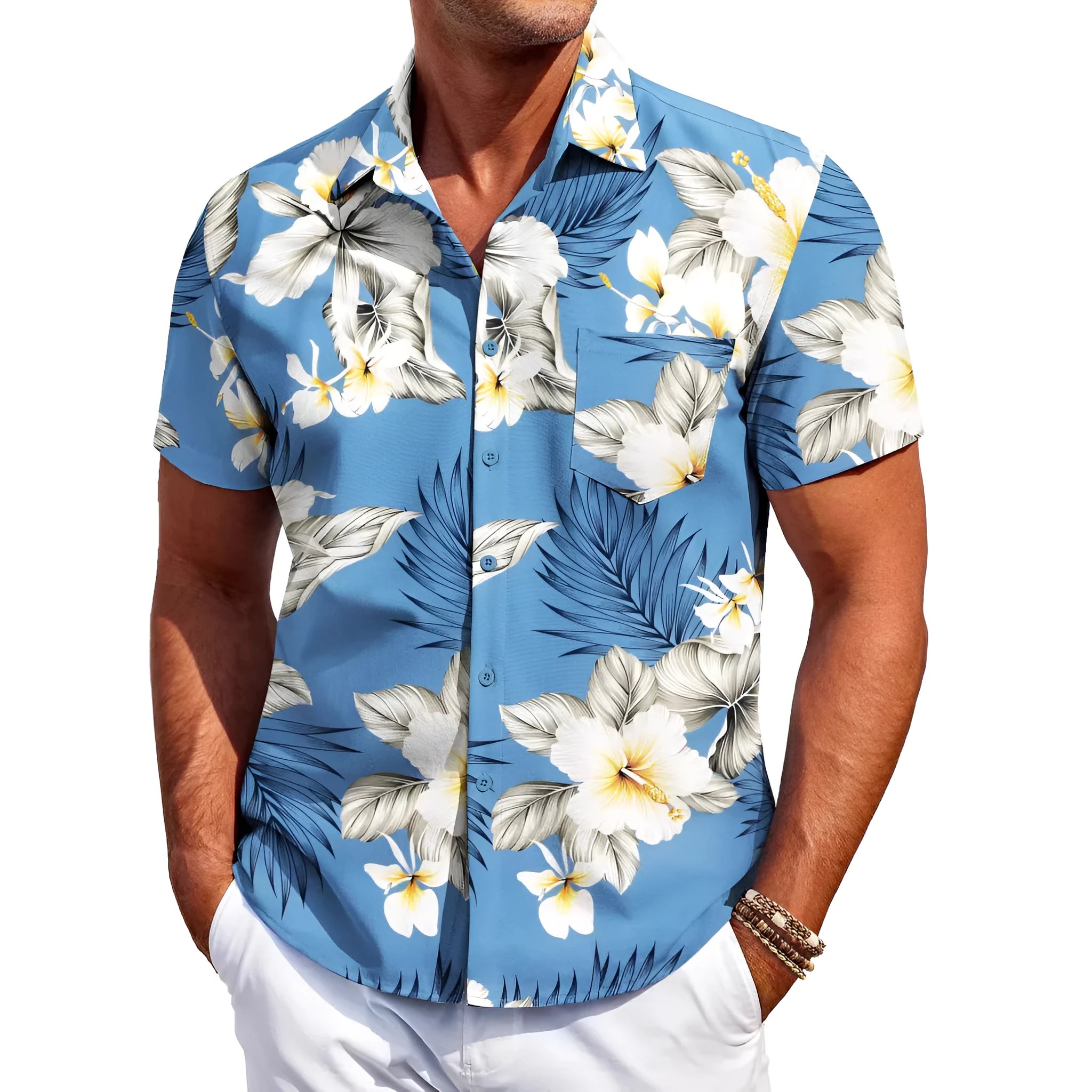 Men's slim fit short sleeve Hawaiian shirt in polyester fabric, shown in one of several available colours.