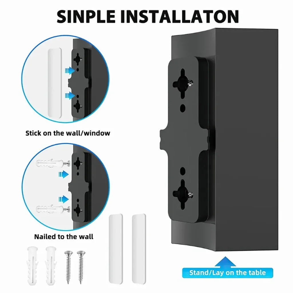 Black plastic digital television antenna with mounting accessories including screws and adhesive tape