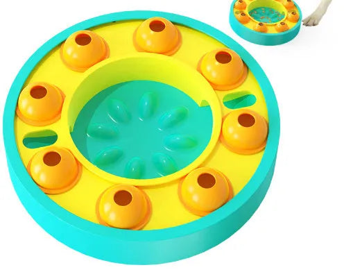 Lake Blue and Green interactive dog puzzle feeder bowl with slow-feeding column and non-slip rubber pads.