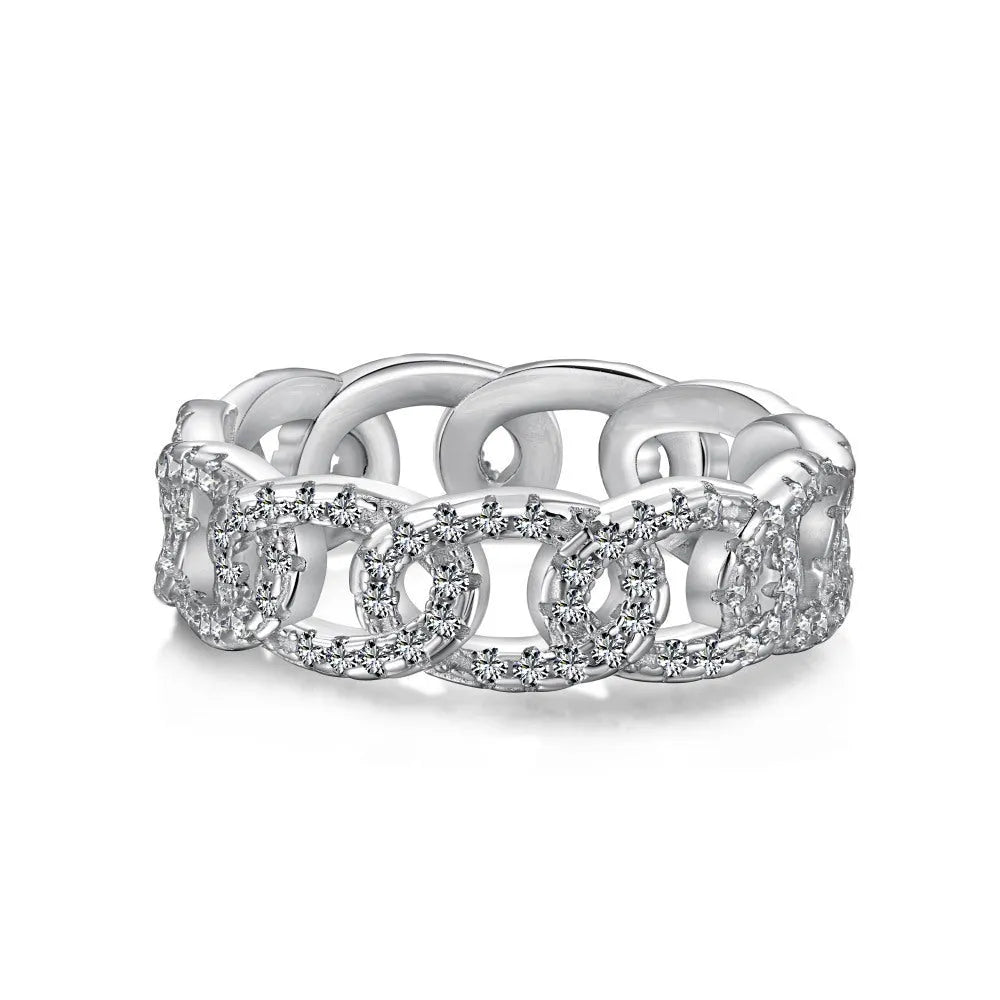 Silver punk chain ring for women with electroplated finish on white background