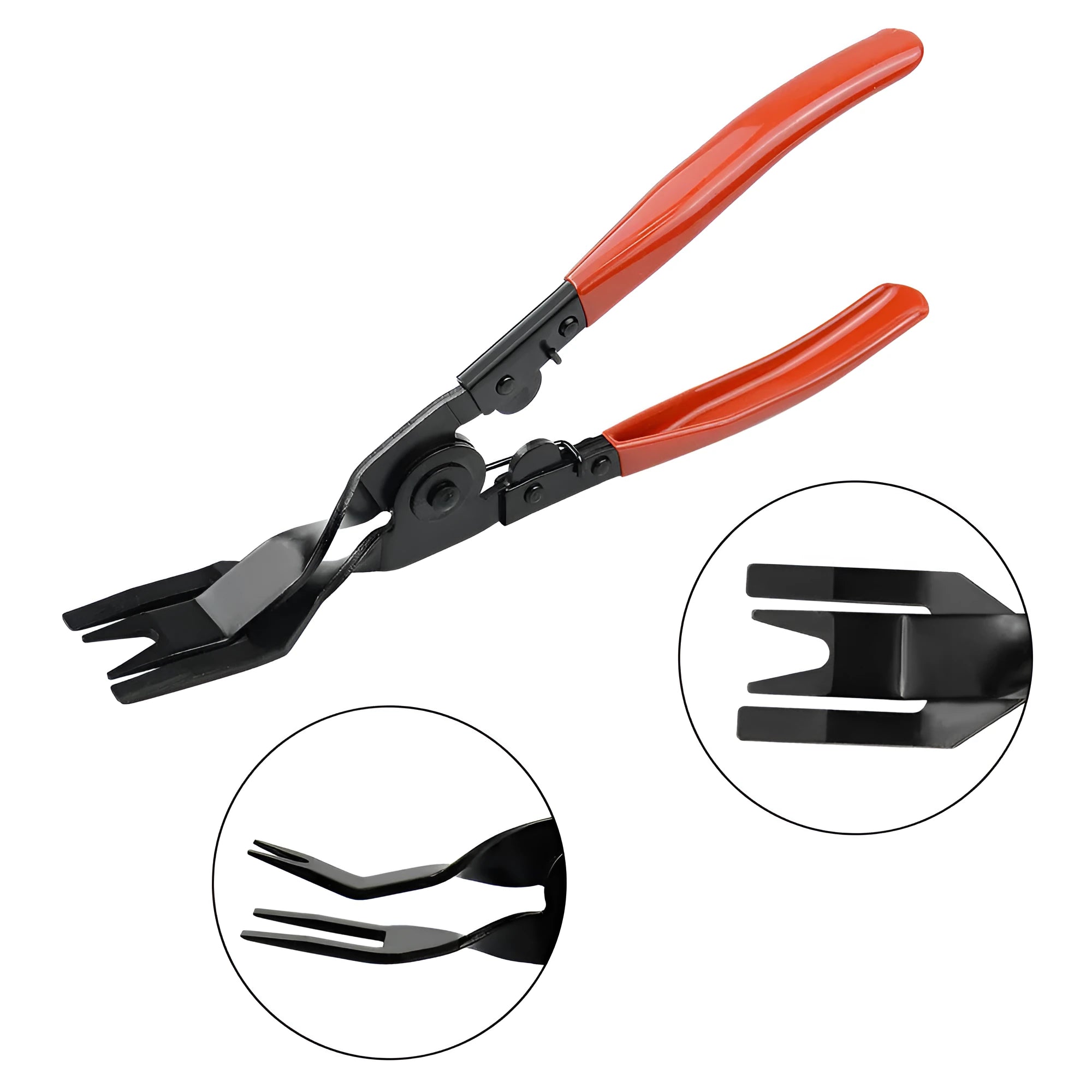 Red-handled automotive door panel clip removal tool for GM cars with light switch pliers.