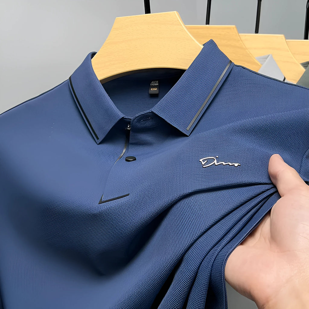 Men's ice silk short sleeve polo shirt in khaki with shirt collar, loose fit summer top