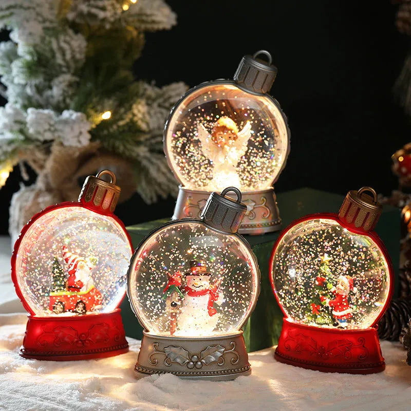 Set of four battery-operated LED Christmas flame light decorations: Old Man, Snowman, Kids Tree, and Angel plastic crafts.