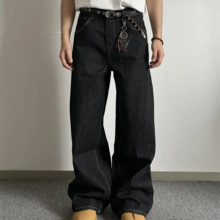 Black loose wide-leg retro jeans with straight-leg cut and zip placket fly