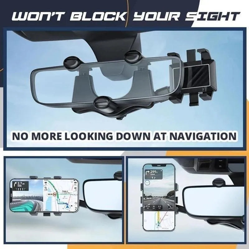 Black rearview mirror car phone holder showing 360-degree rotation and retractable arm extension.
