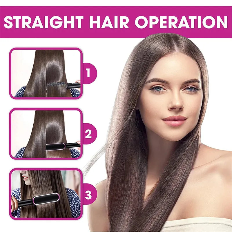 Red and black dual-function 2-in-1 hair straightener and curling tong hot comb on a white background