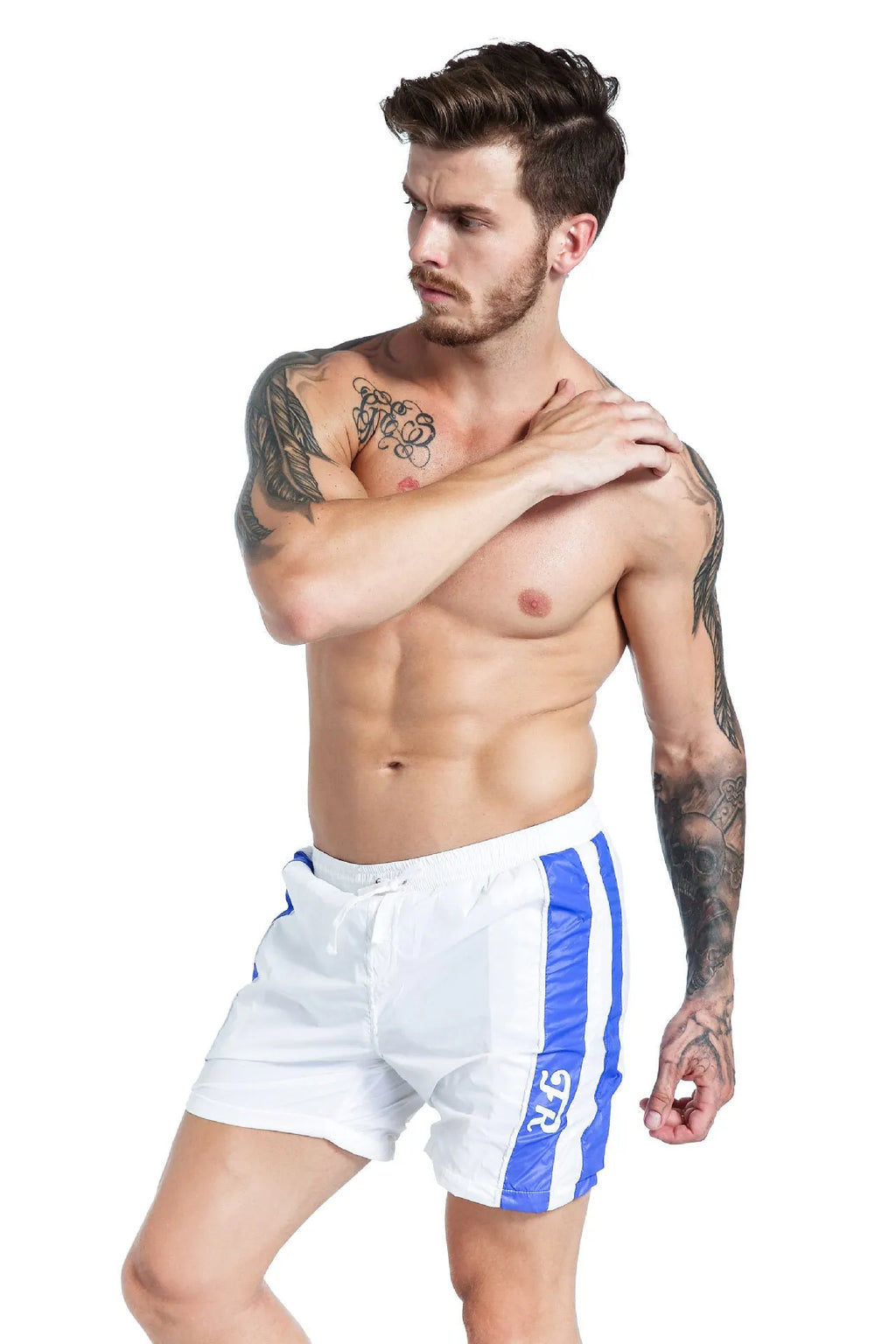 Men's blue lace-up sports shorts with padding on a white background.